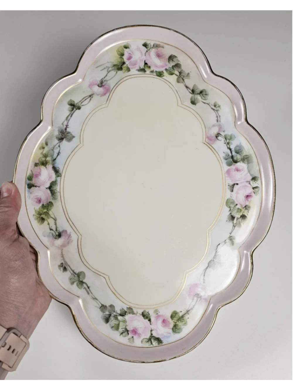 Antique GDA Limoges France Vanity Tray Hand Painted Pink Roses Gold Trim 1900